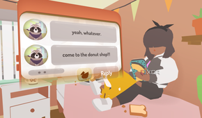 Mira sitting on bed texting in Donut County