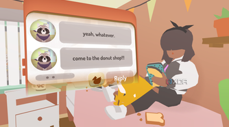 Mira sitting on bed texting in Donut County
