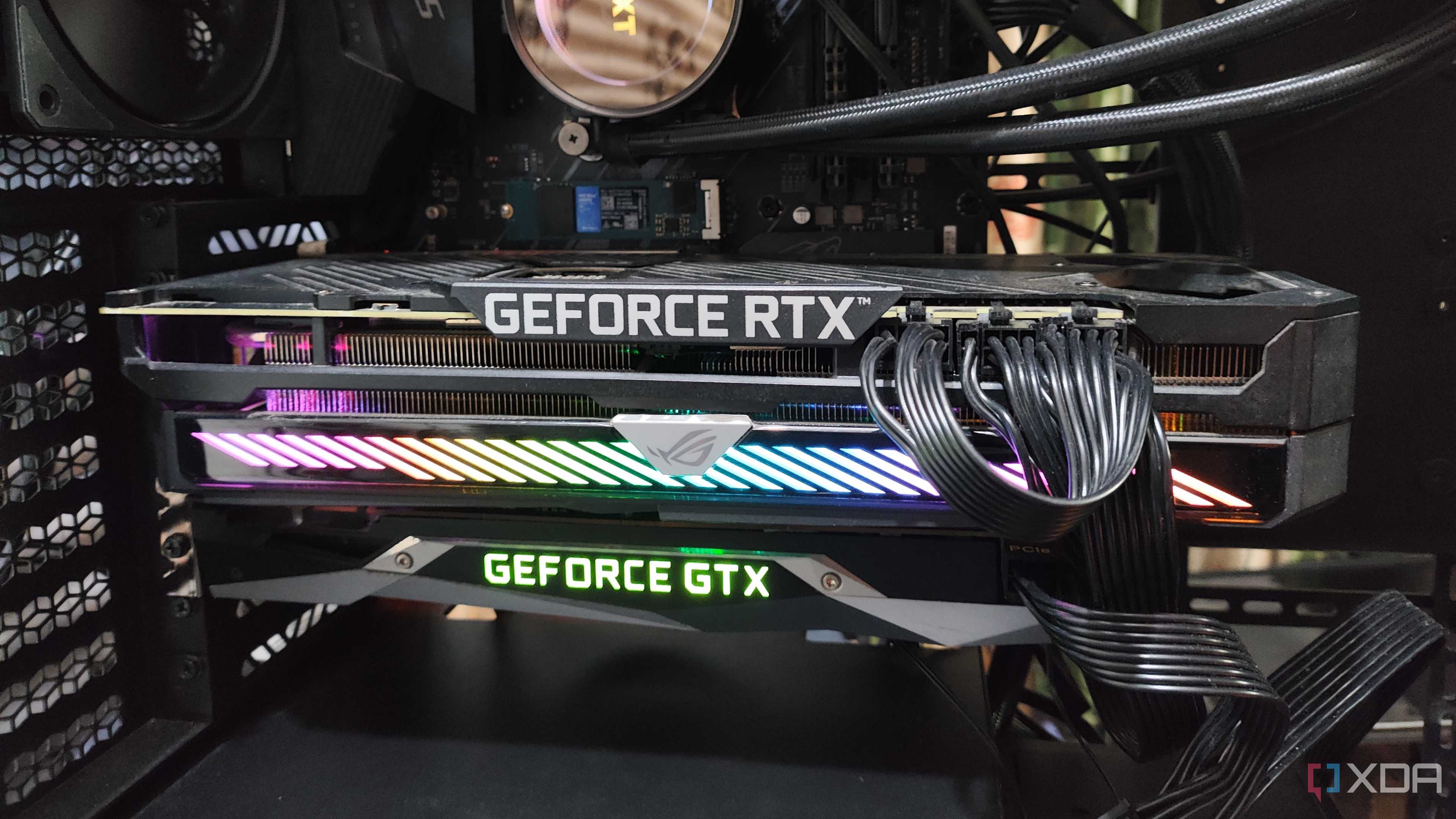 A dual GPU setup comprising an RTX 3080 Ti and a GTX 1080