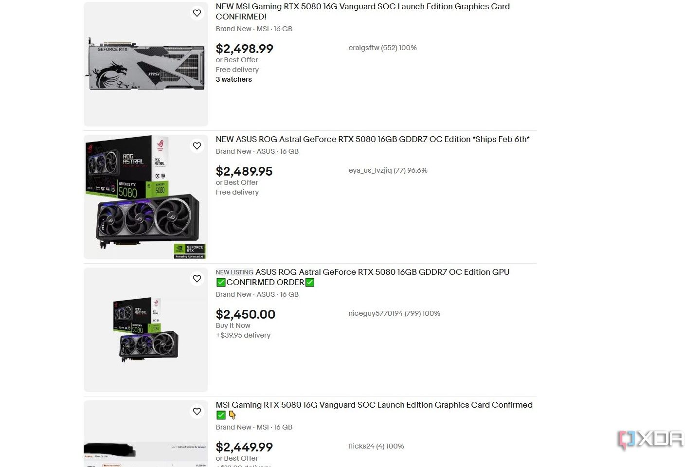 RTX 5080 listings on eBay