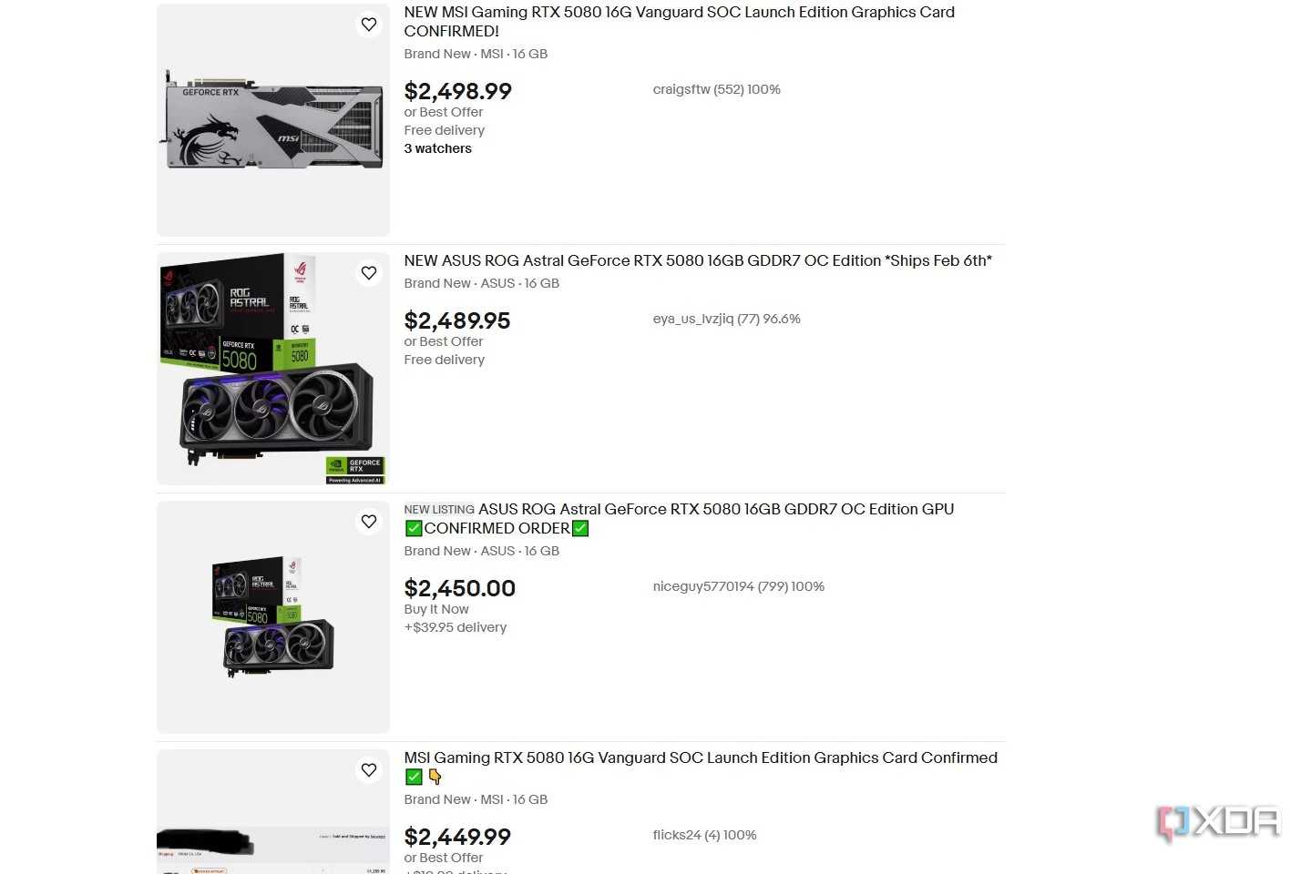 RTX 5080 listings on eBay