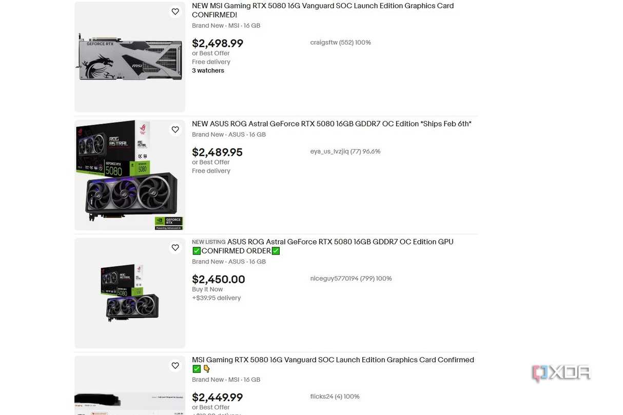 RTX 5080 listings on eBay