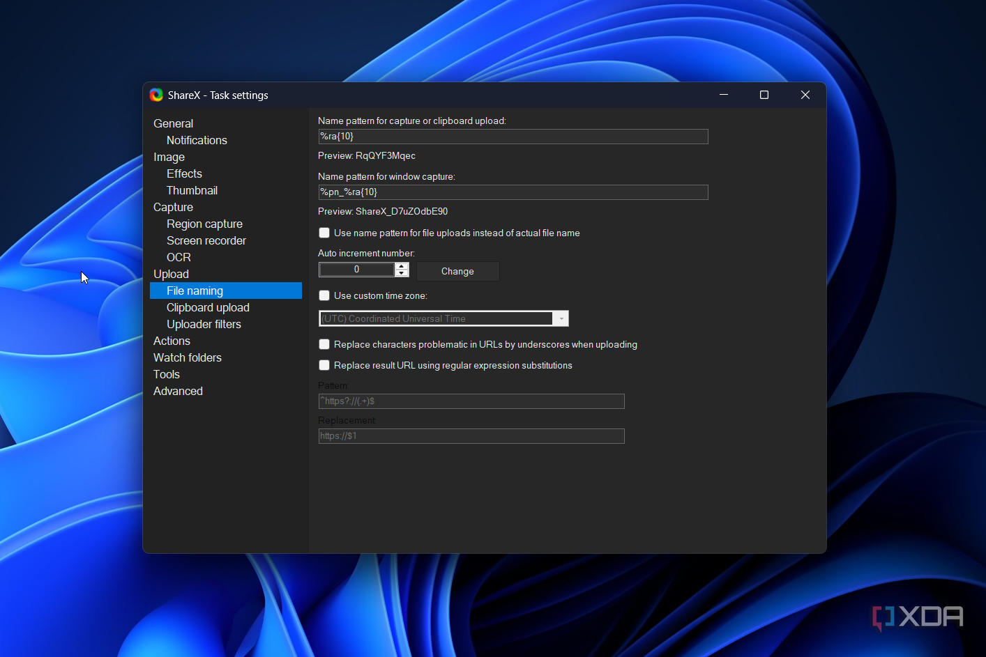 editing file naming settings in sharex