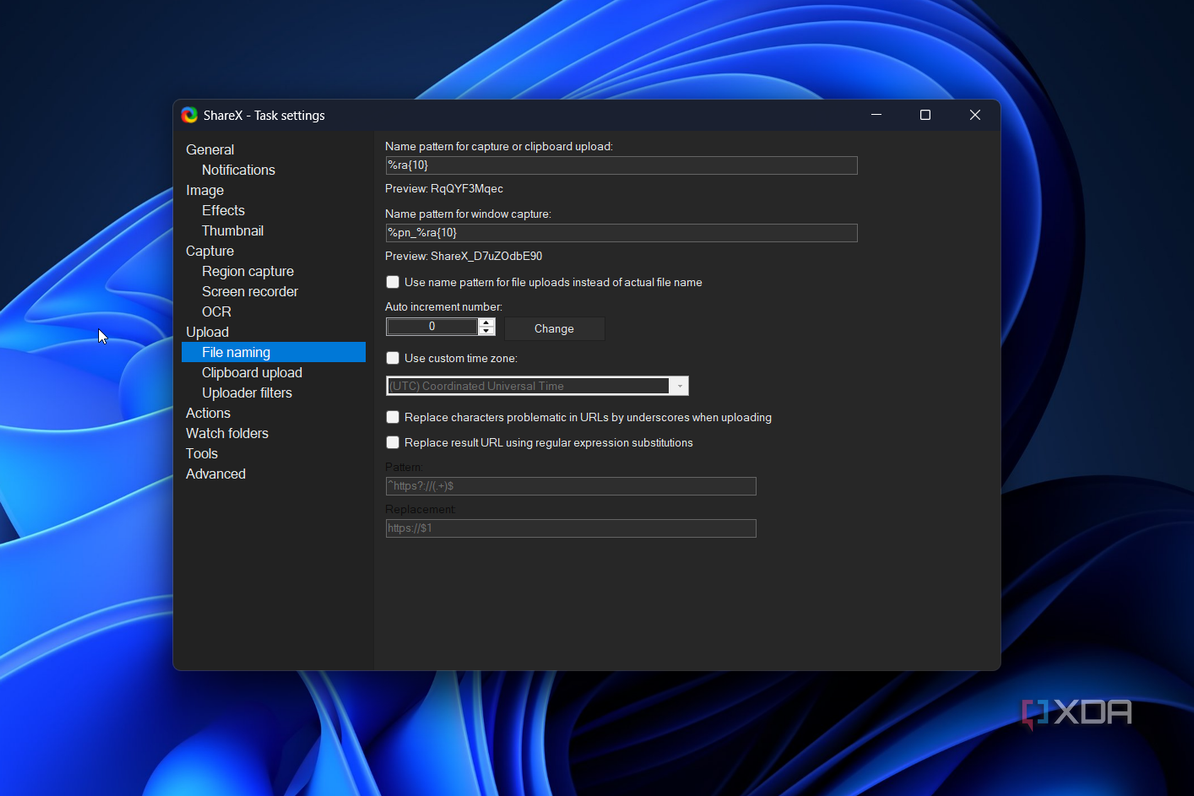 editing file naming settings in sharex