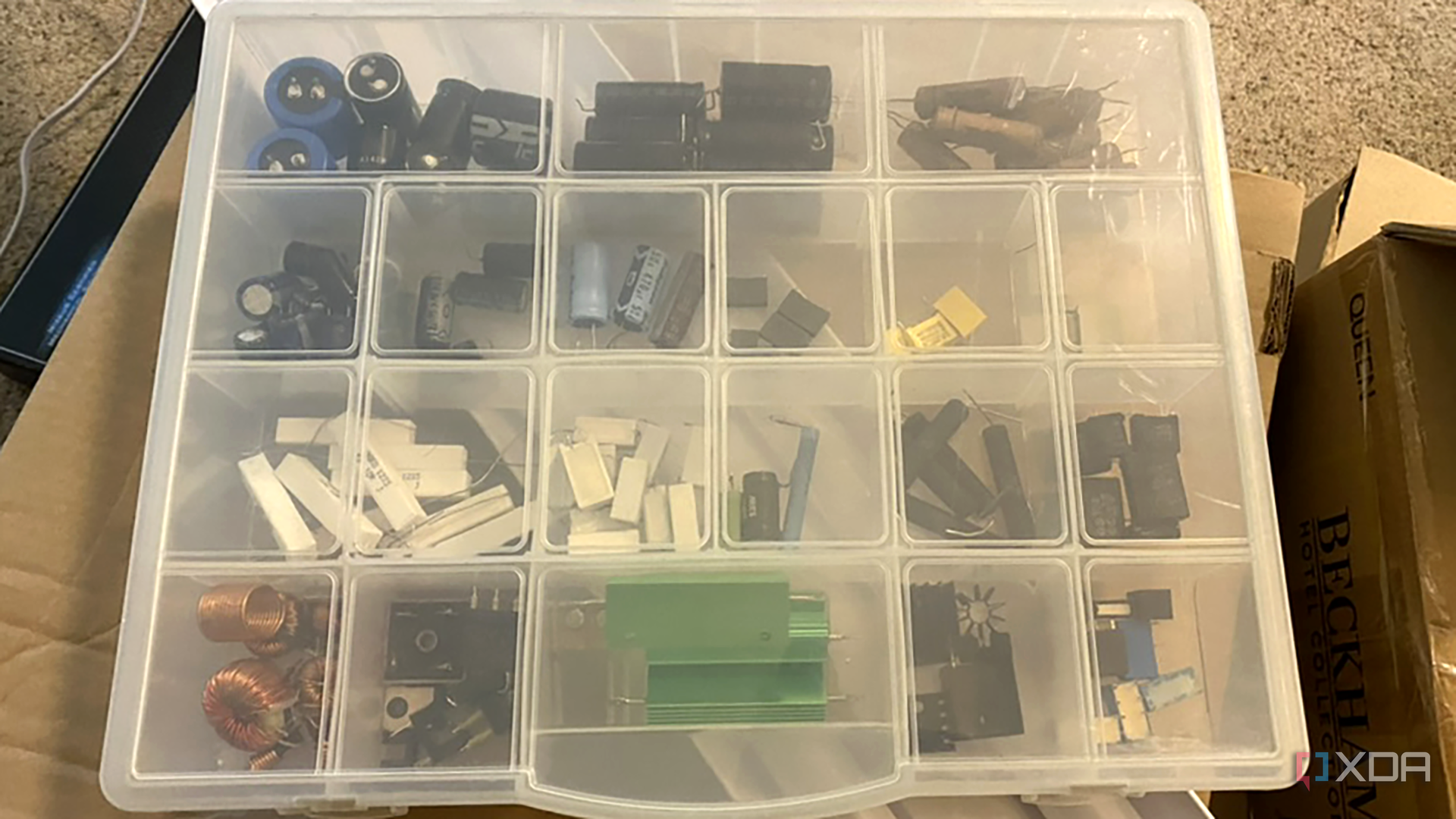 Electronic components in a plastic organizer