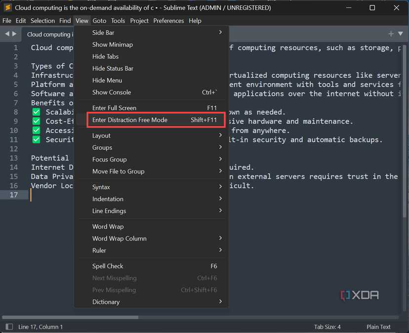 Enter Distracton free mode Sublime Text