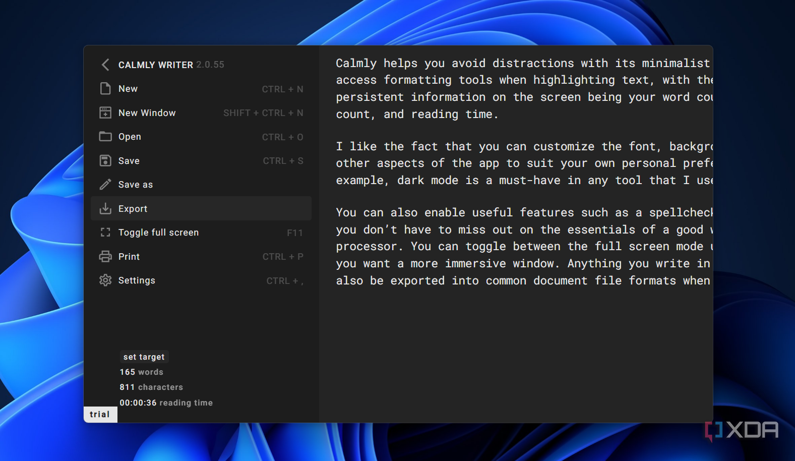 the export option in calmly writer