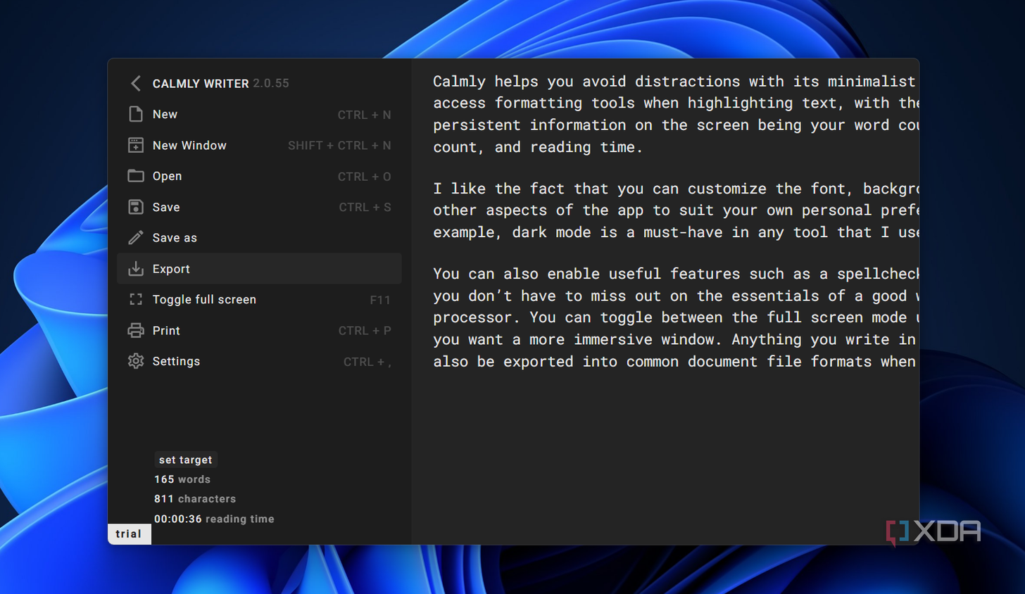 the export option in calmly writer
