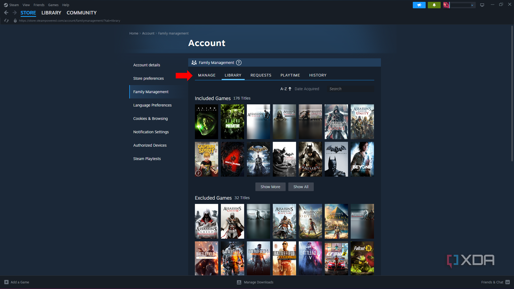 Family sharing menu in Steam Family Management settings