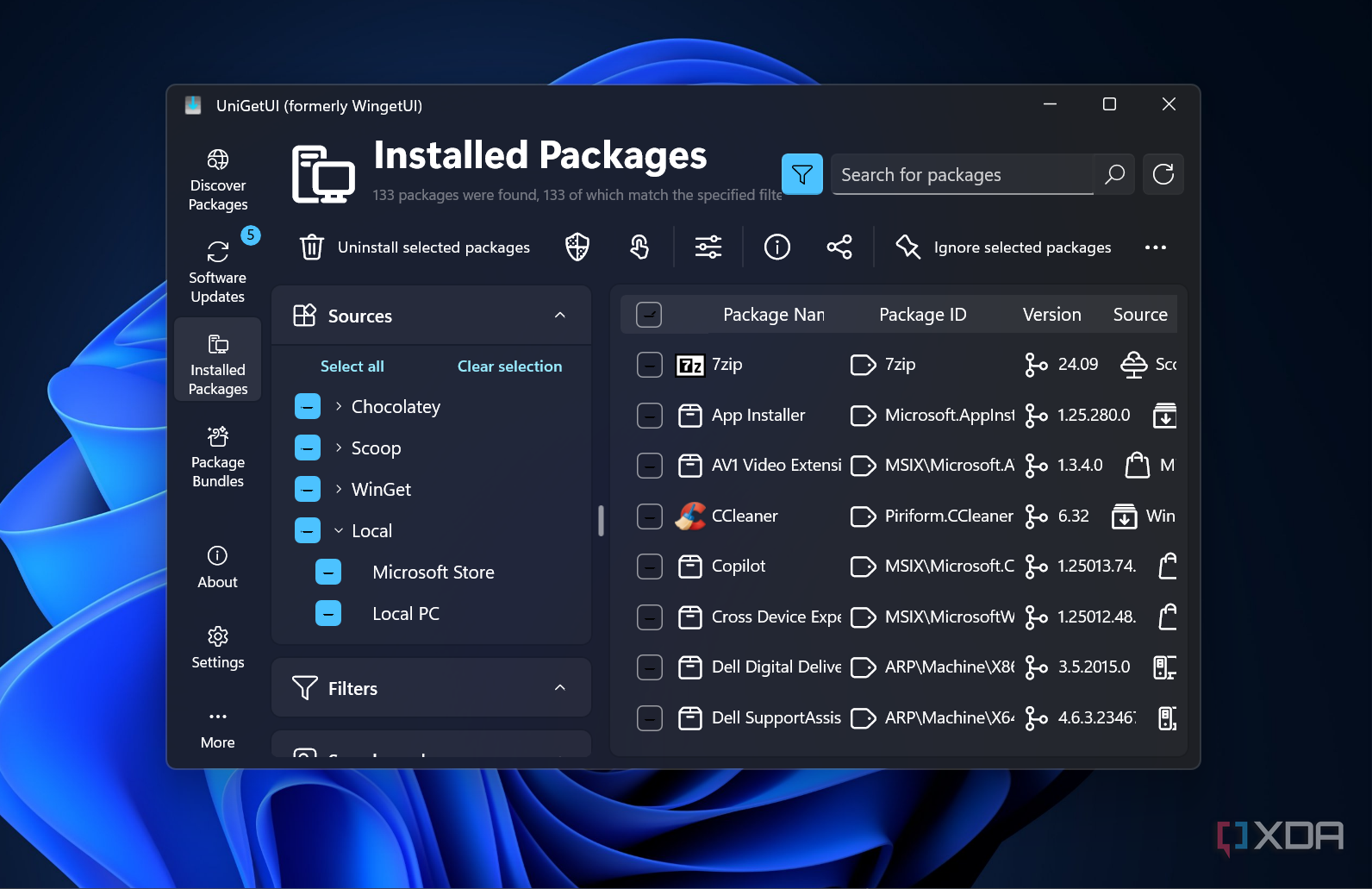 screenshot showing installed packages in UniGetUI on Windows 11