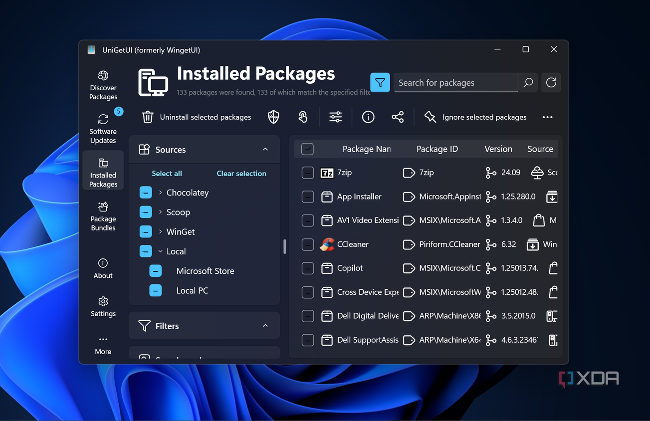 screenshot showing installed packages in UniGetUI on Windows 11