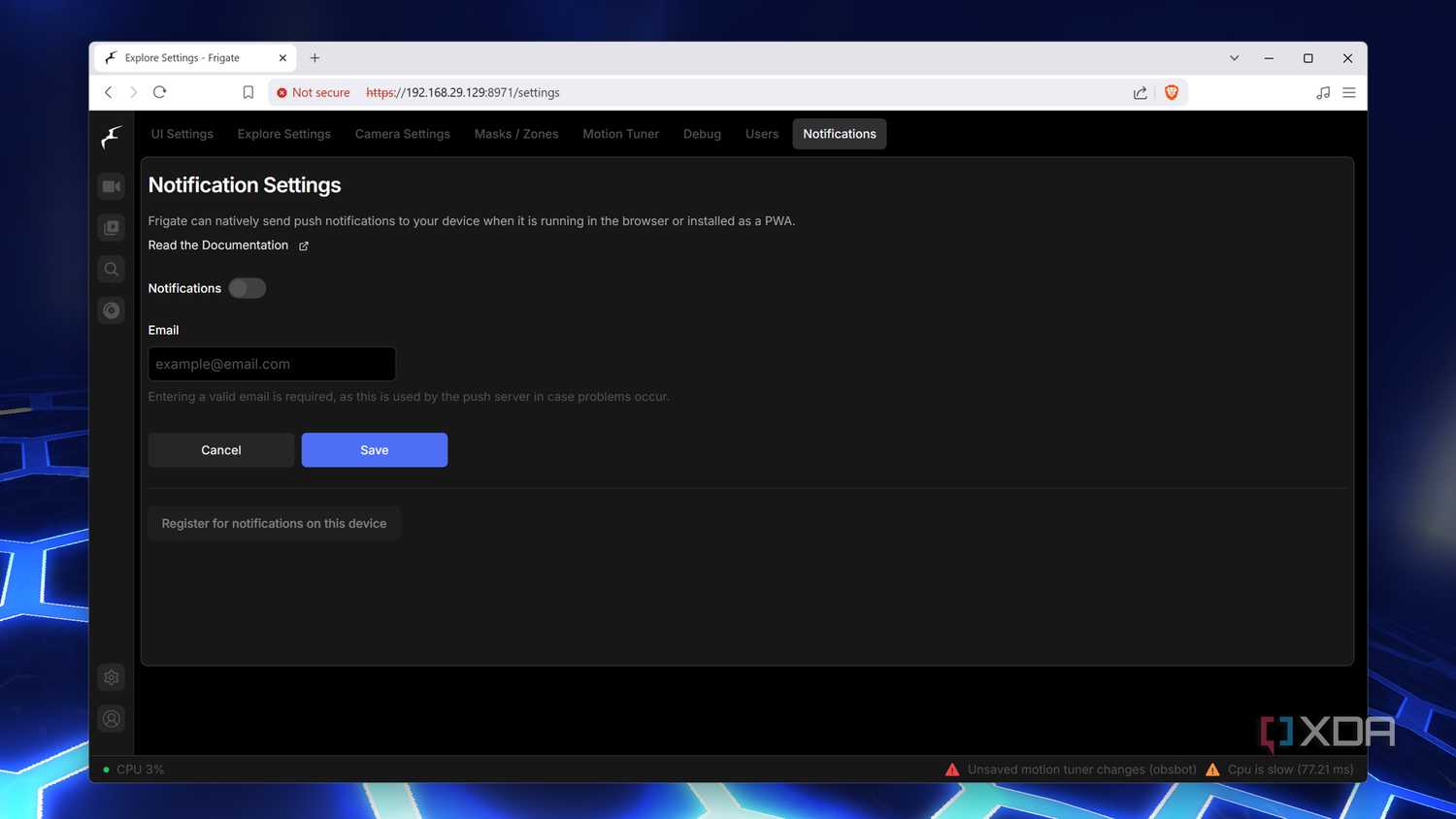 Editing the Notification settings on Frigate