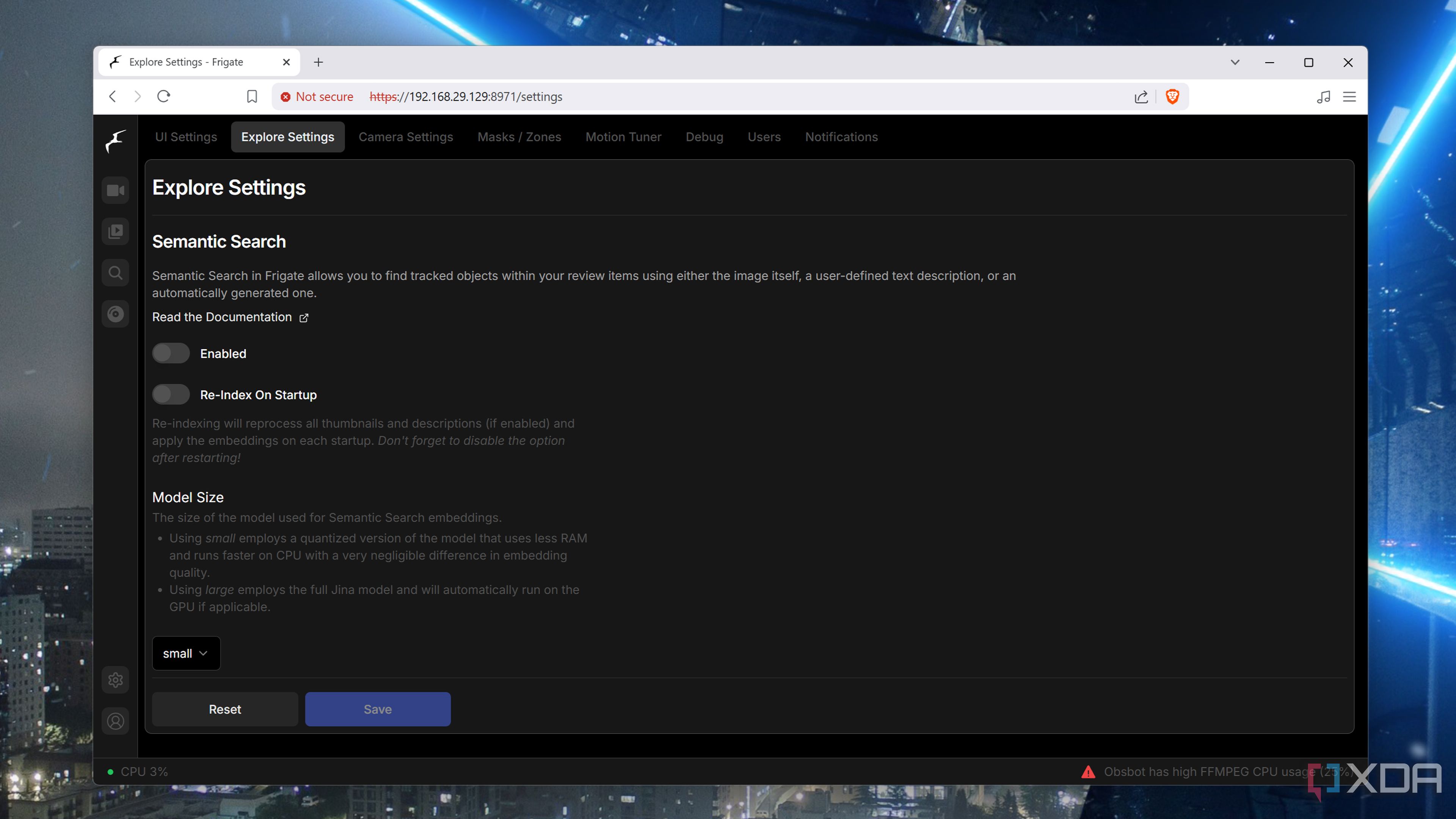 Modifying the search settings on Frigate