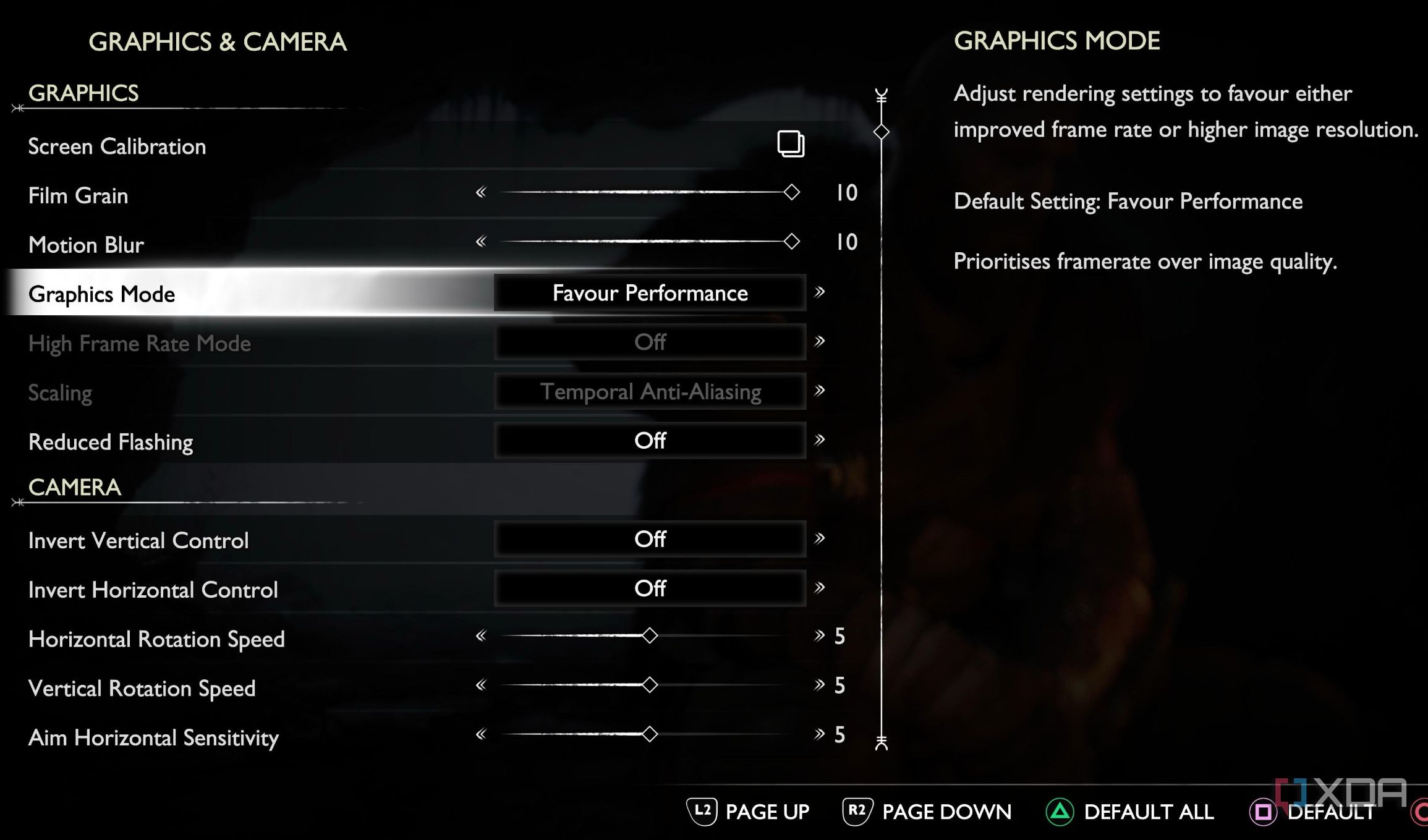 The graphics settings page of God of War Ragnarok on the PlayStation 5.