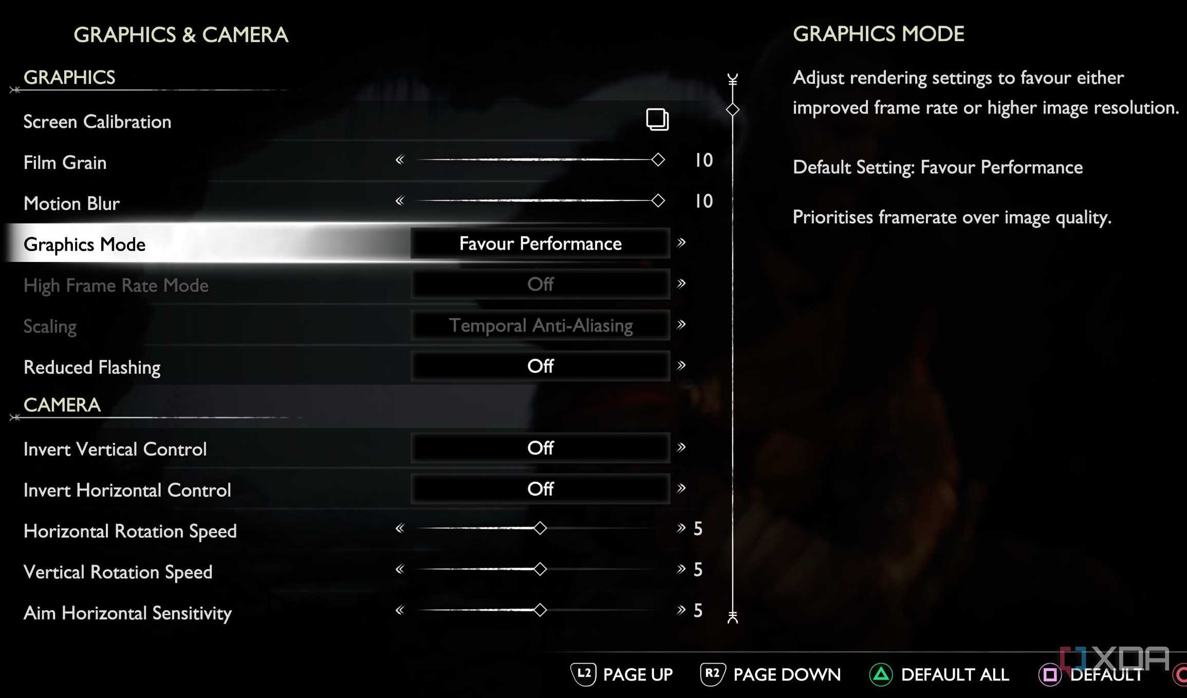 The graphics settings page of God of War Ragnarok on the PlayStation 5.