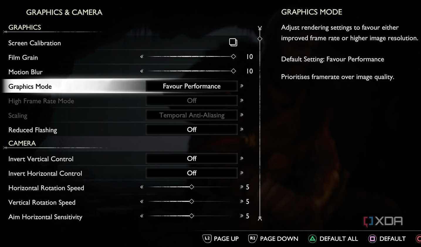The graphics settings page of God of War Ragnarok on the PlayStation 5.