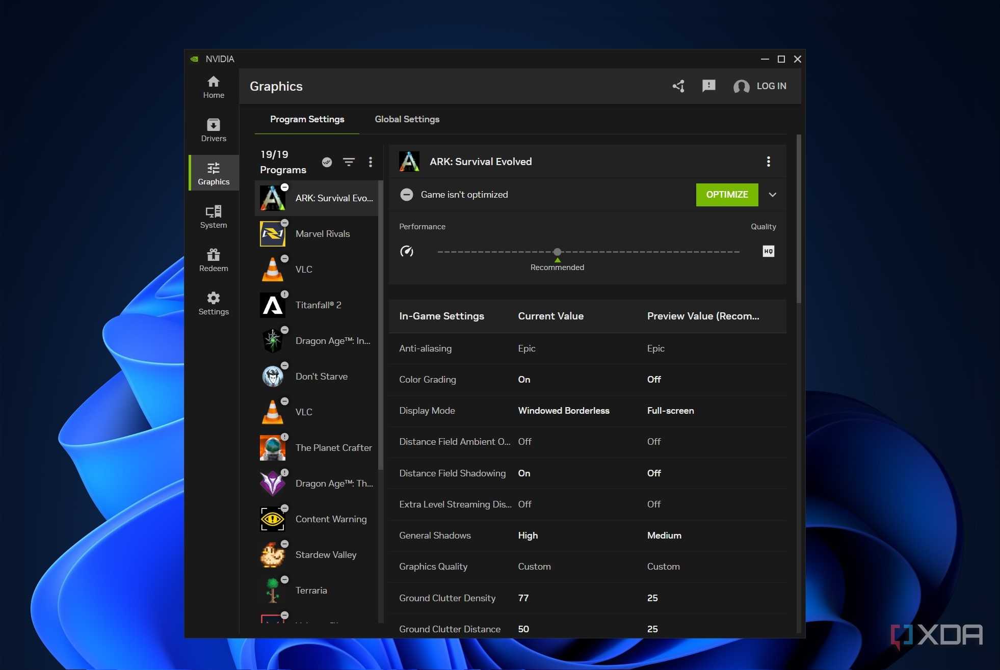 graphics settings for games in the nvidia app