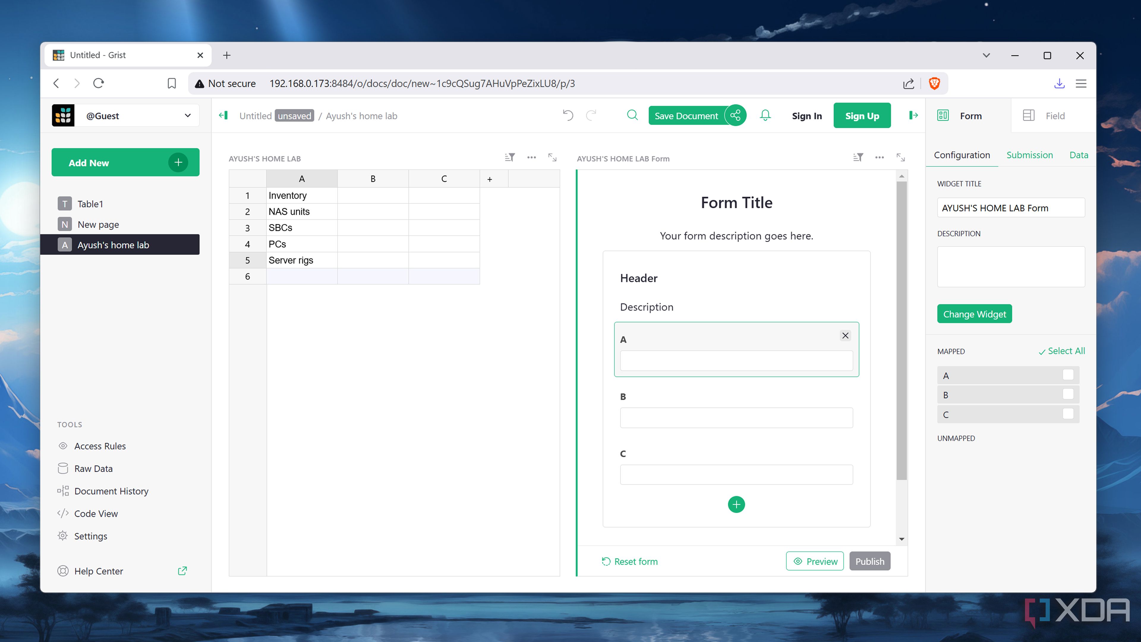 Adding a form to a Grist spreadsheet