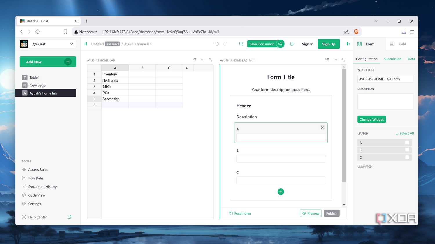 Adding a form to a Grist spreadsheet