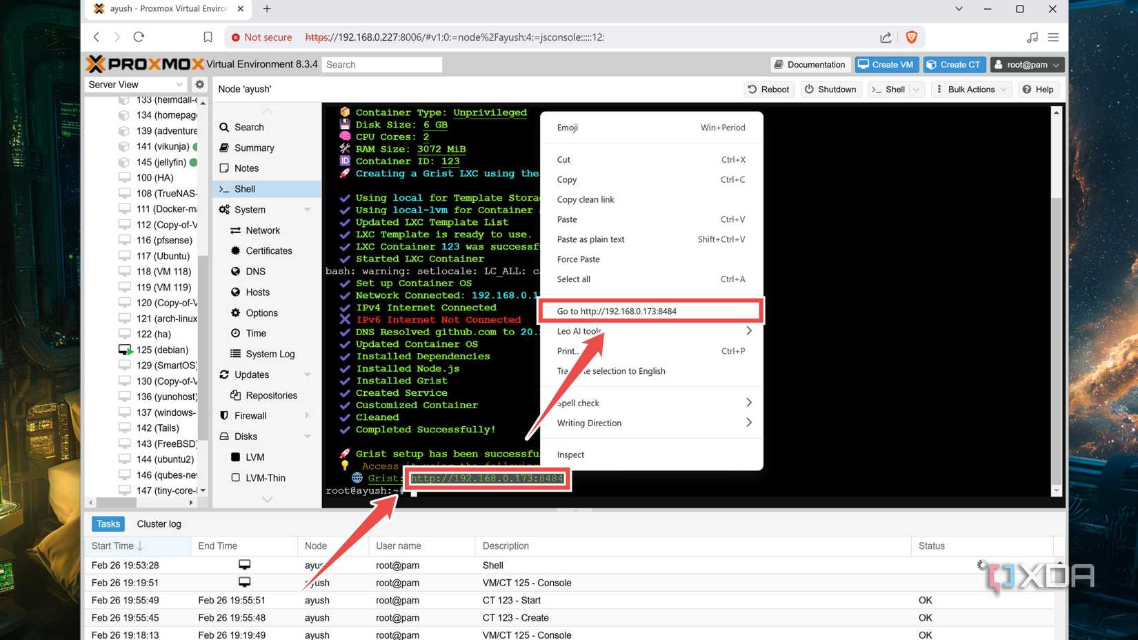 Accessing the Grist web UI inside Proxmox