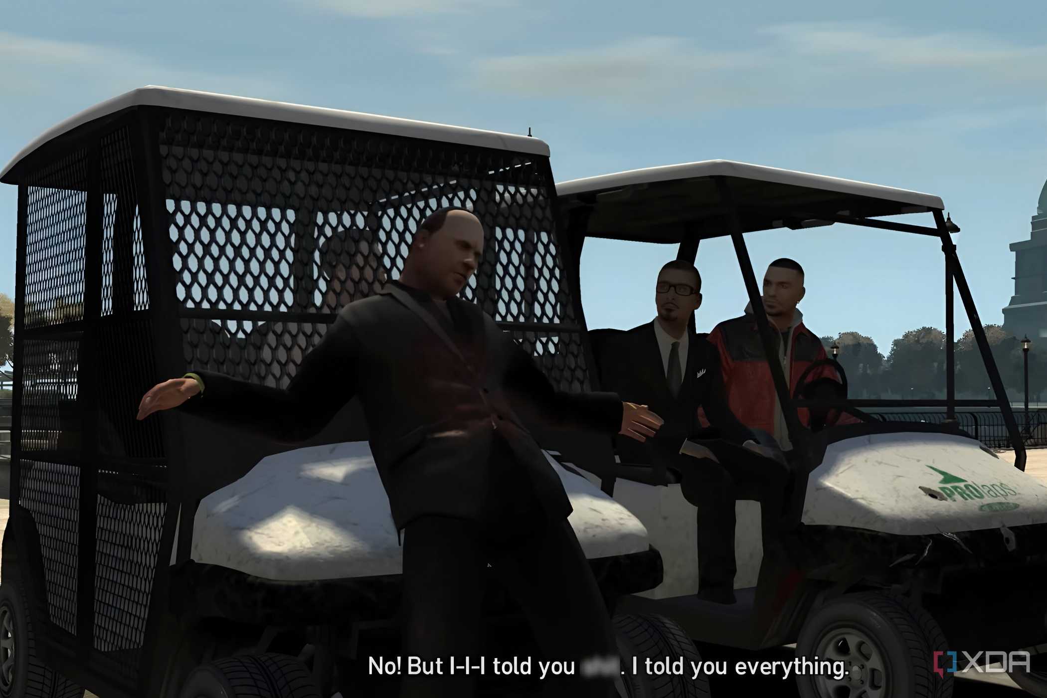 A screenshot from GTA IV: The Ballad of Gay Tony, showing two golf carts with a man bound to the front of one.