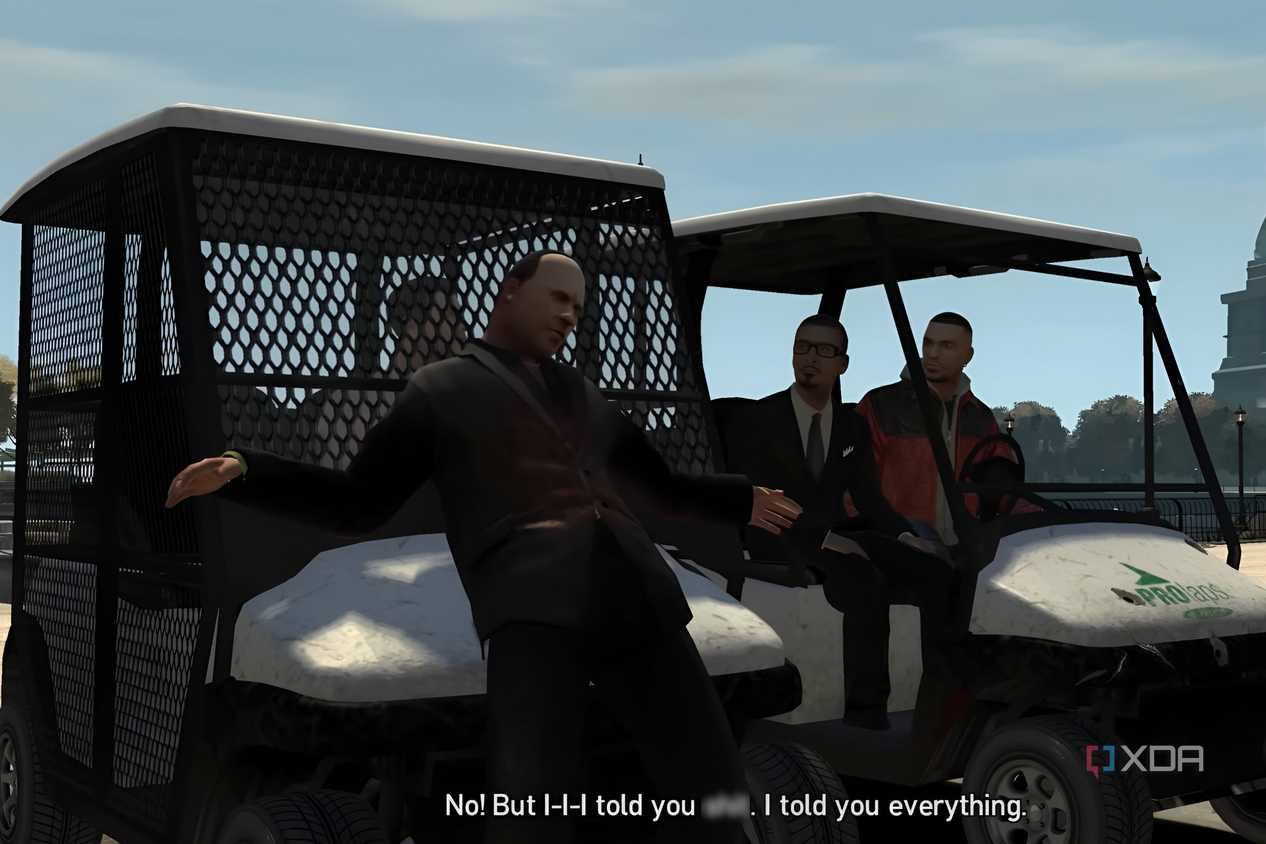 A screenshot from GTA IV: The Ballad of Gay Tony, showing two golf carts with a man bound to the front of one.