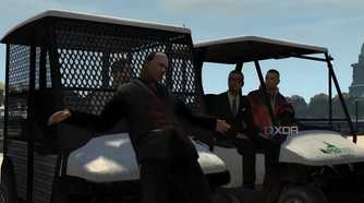 A screenshot from GTA IV: The Ballad of Gay Tony, showing two golf carts with a man bound to the front of one.