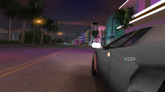 Side view of a white car being driven in the ocean drive street in Vice City