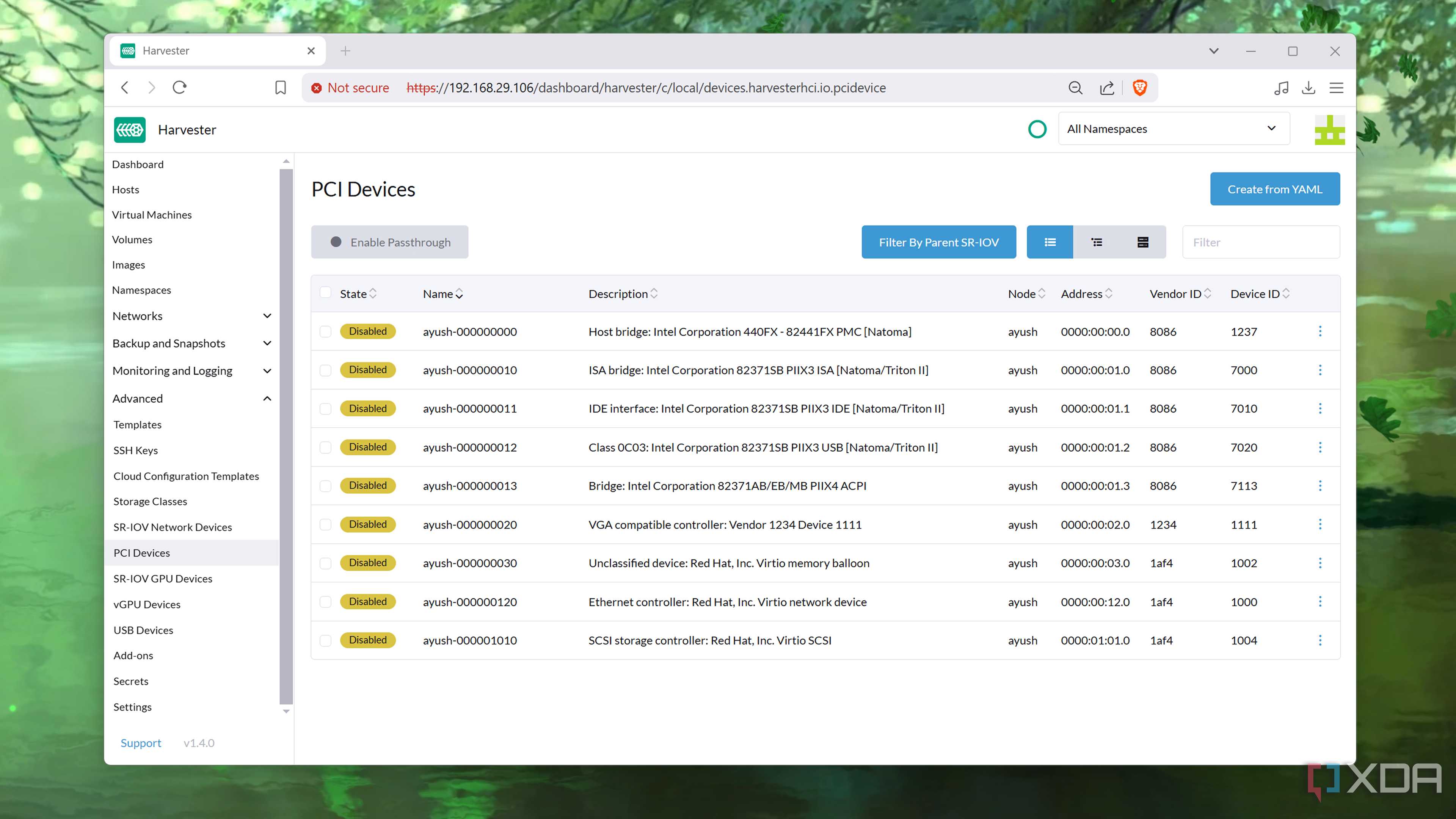 The PCI Devices tab in Harvester