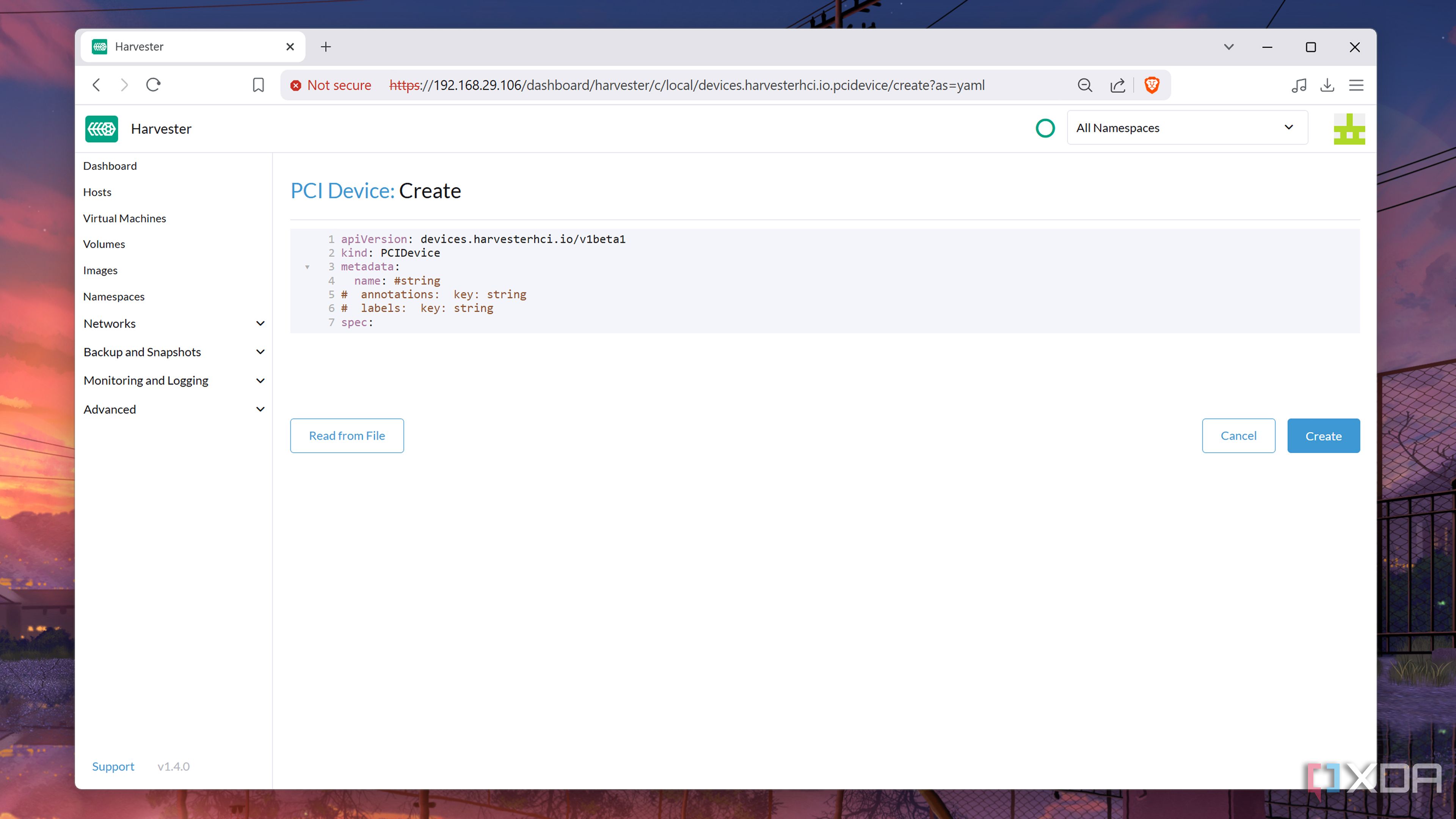 The PCI Device: Create section in Harvester