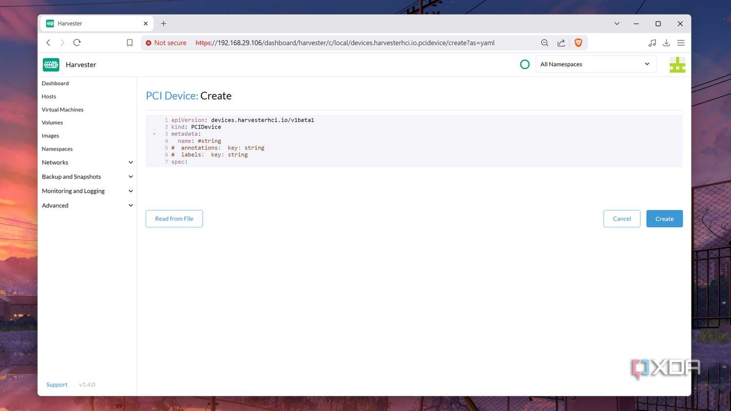 The PCI Device: Create section in Harvester