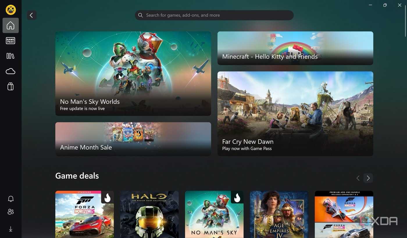 Home screen of Xbox app showing newly added titles