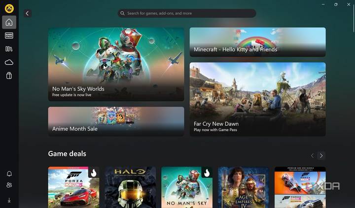 Home screen of Xbox app showing newly added titles