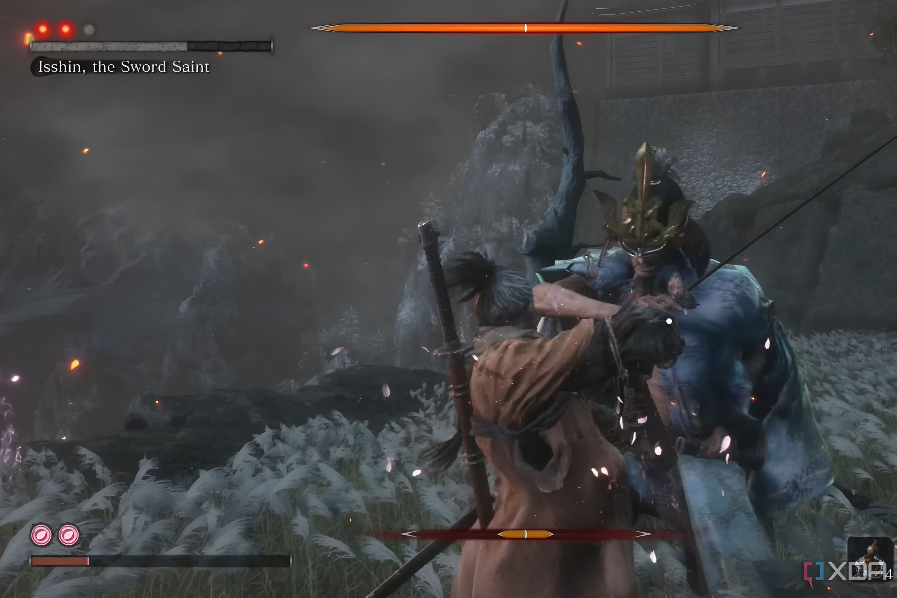 An image from the game Sekiro: Shadows Die Twice, showing Isshin and Sekiro cross blades in their fight.
