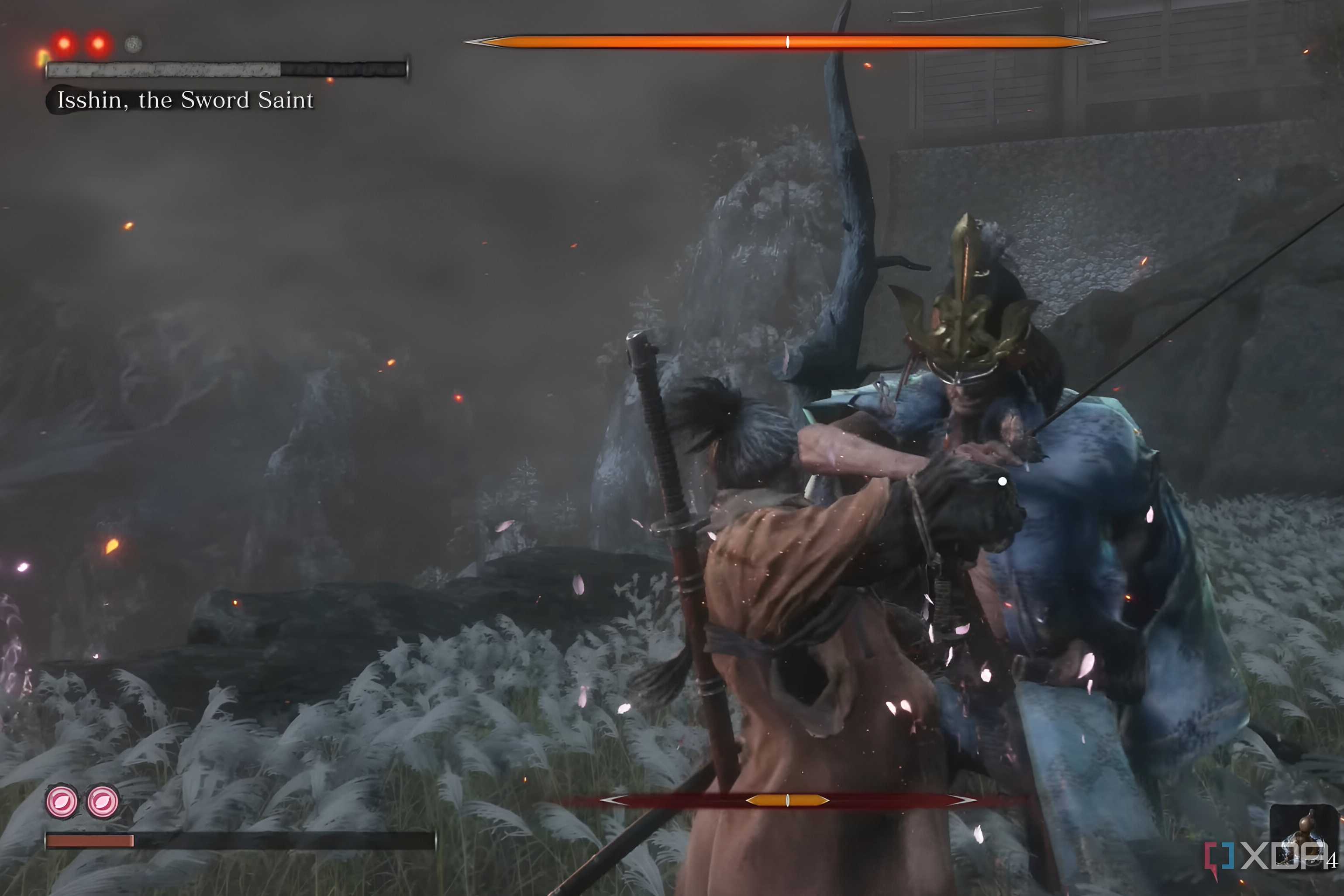 An image from the game Sekiro: Shadows Die Twice, showing Isshin and Sekiro cross blades in their fight.