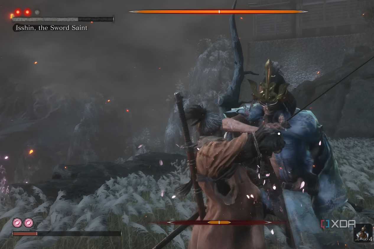 An image from the game Sekiro: Shadows Die Twice, showing Isshin and Sekiro cross blades in their fight.