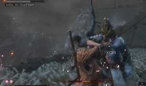An image from the game Sekiro: Shadows Die Twice, showing Isshin and Sekiro cross blades in their fight.