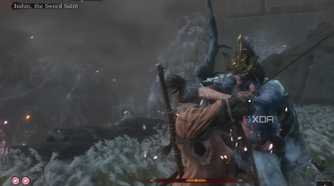 An image from the game Sekiro: Shadows Die Twice, showing Isshin and Sekiro cross blades in their fight.