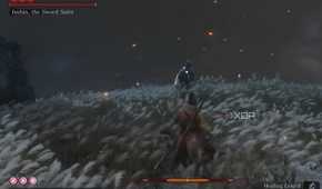 An image from the game Sekiro: Shadows Die Twice, showing Sekiro in red, fight Isshin draped in blue.