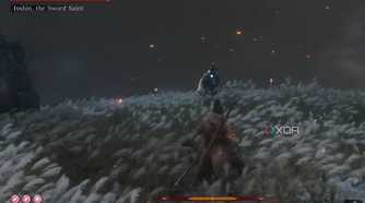 An image from the game Sekiro: Shadows Die Twice, showing Sekiro in red, fight Isshin draped in blue.