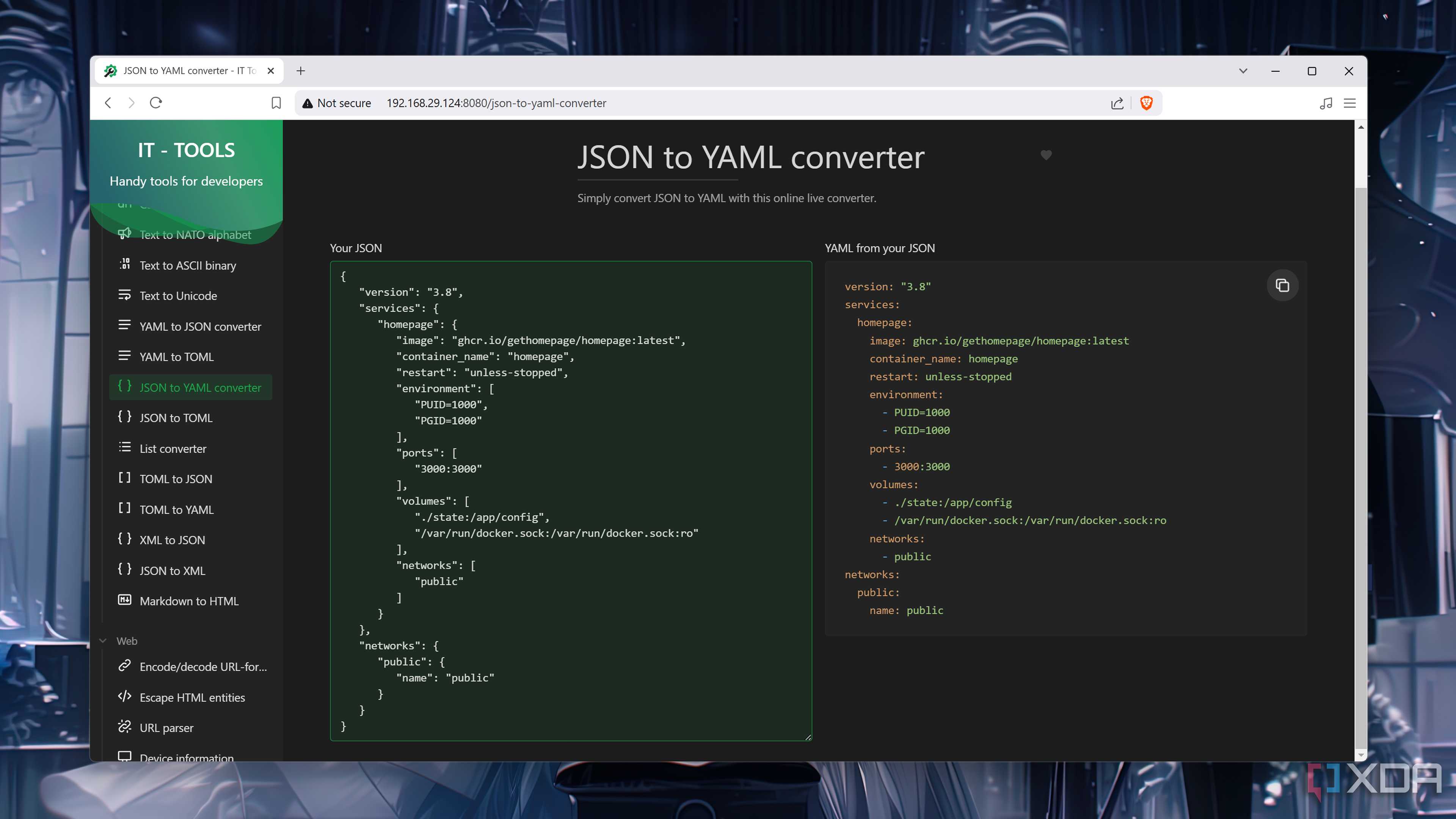 The JSON to YAML utility in IT-Tools