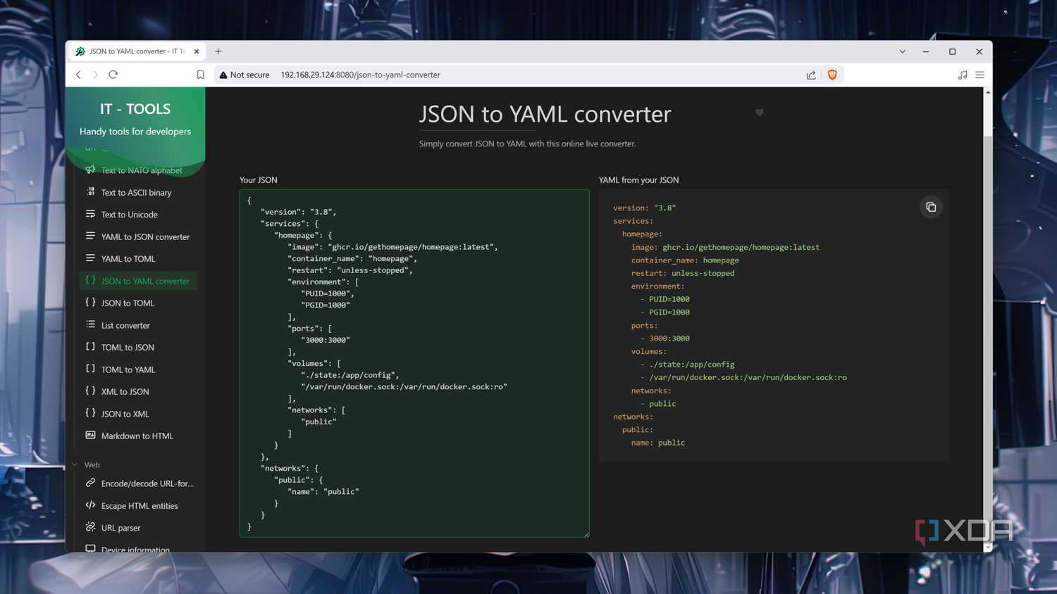 The JSON to YAML utility in IT-Tools