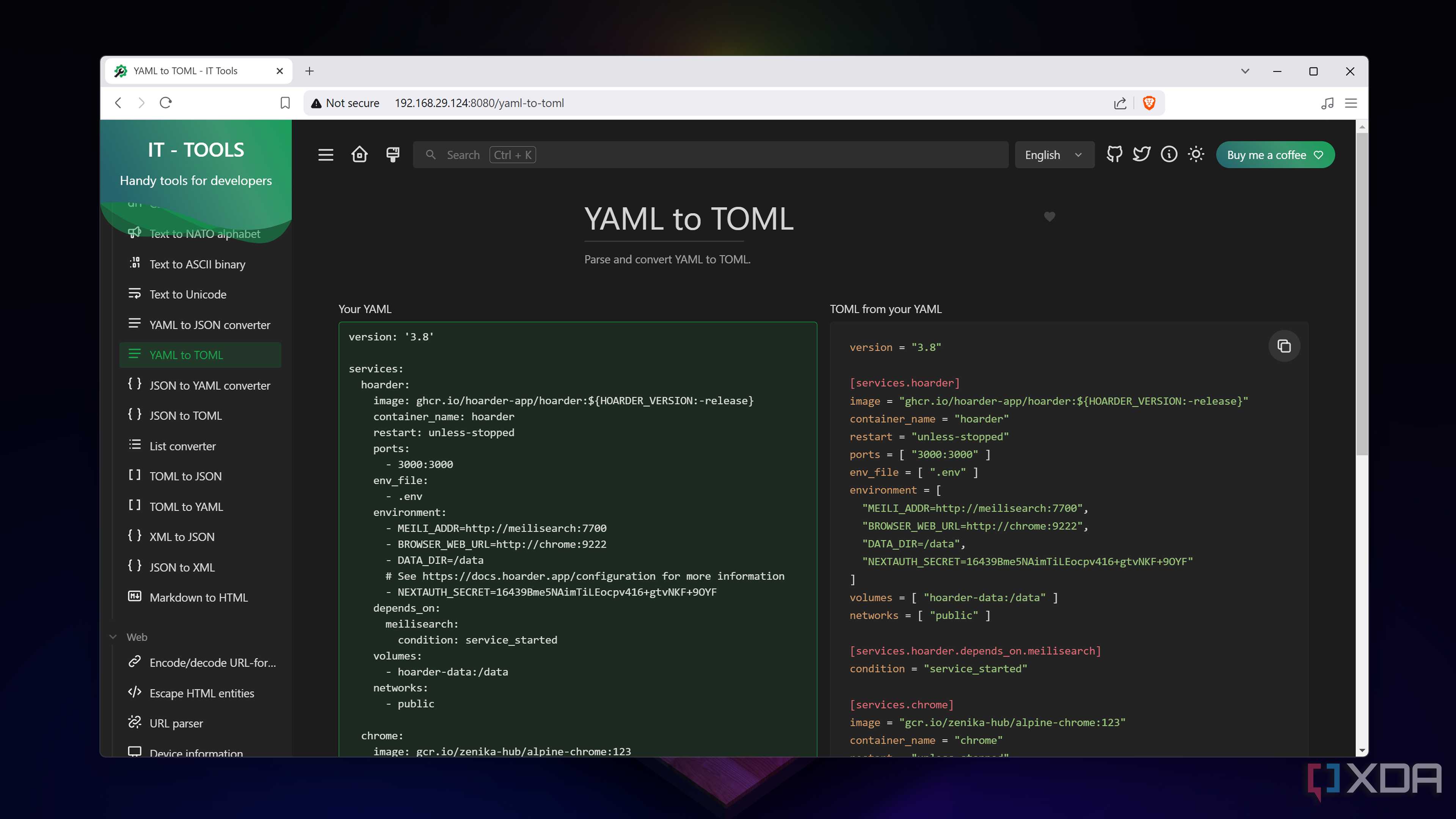 The YAML to TOML utility in IT-Tools