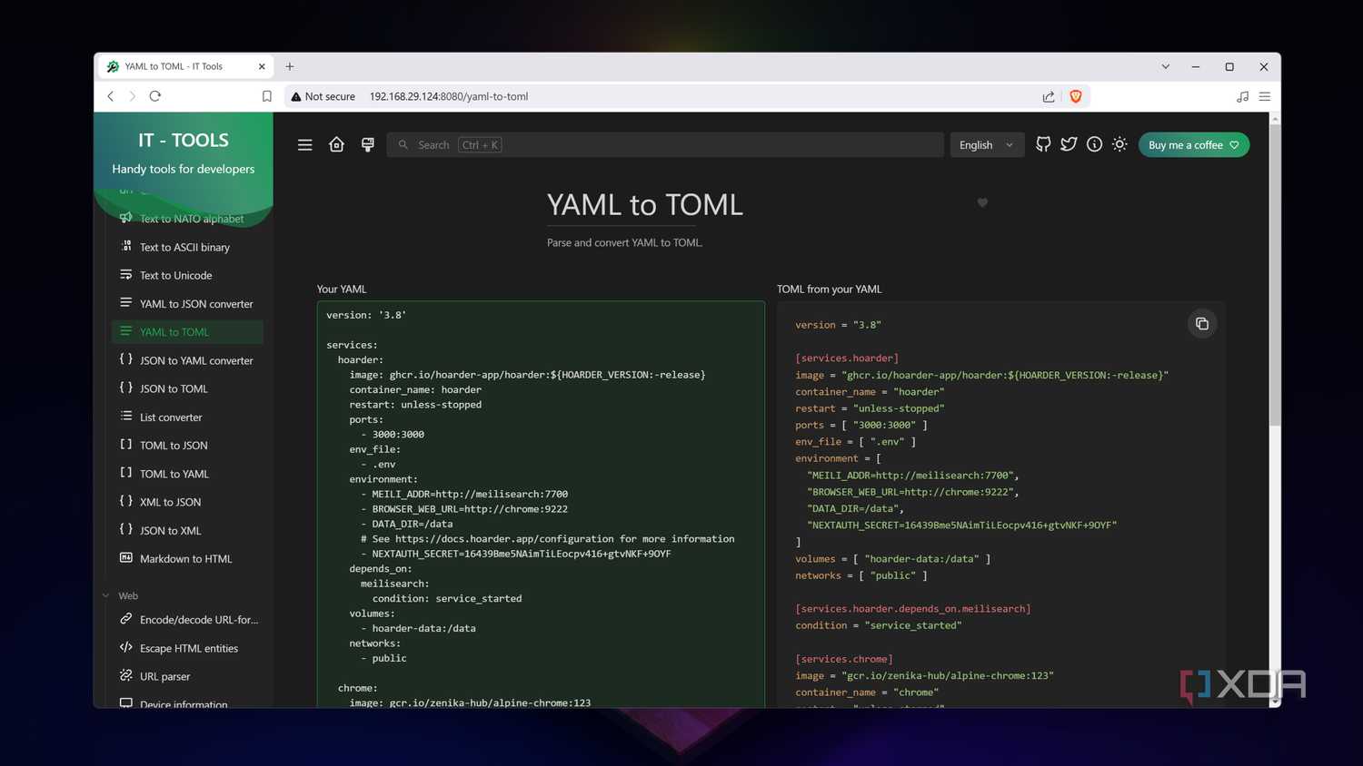 The YAML to TOML utility in IT-Tools