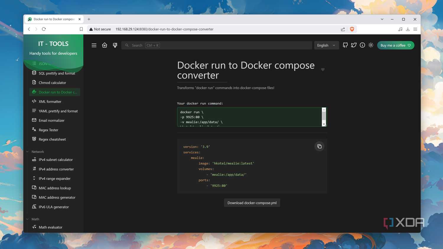 The Docker run to Docker compose converter utility in IT-Tools