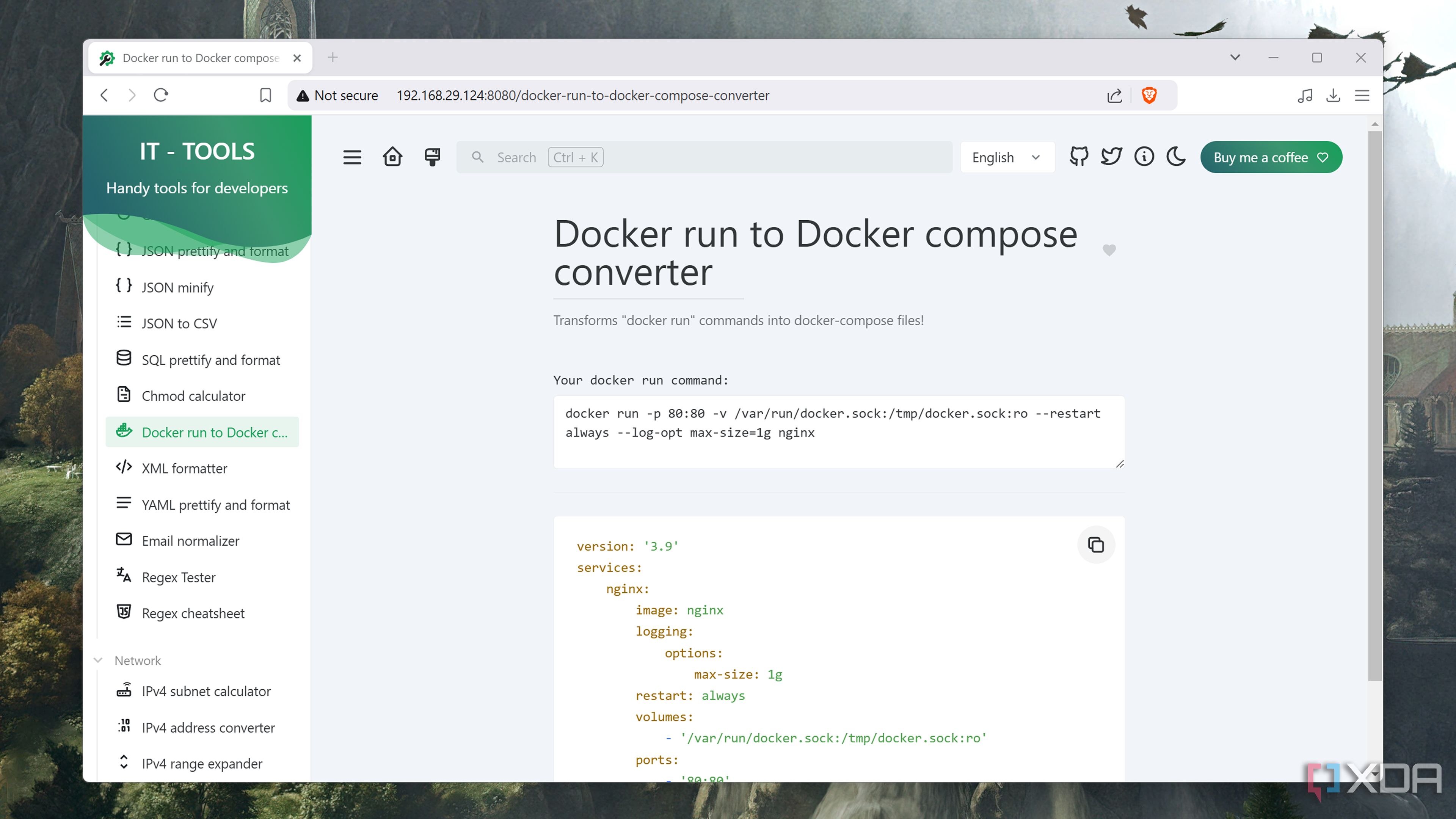 The Docker run to Docker compose converter in IT Tools