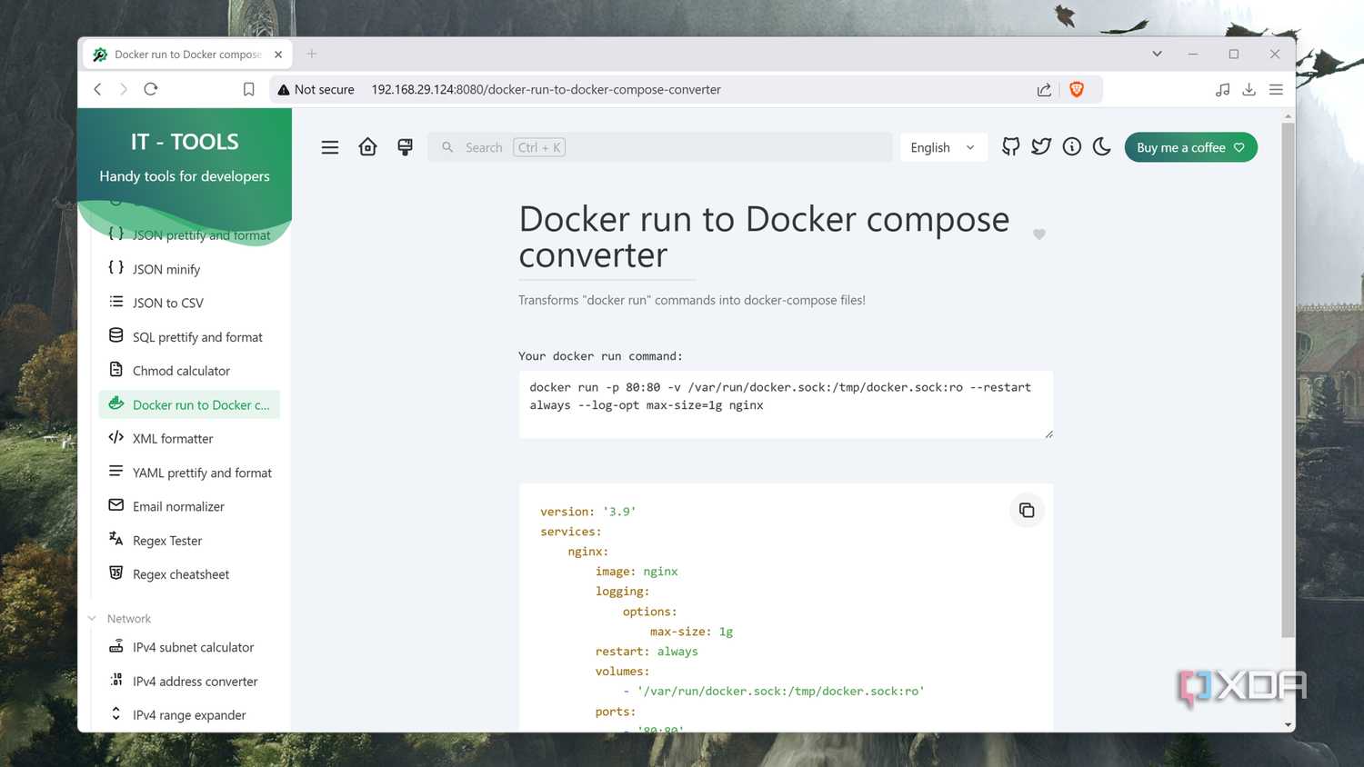The Docker run to Docker compose converter in IT Tools