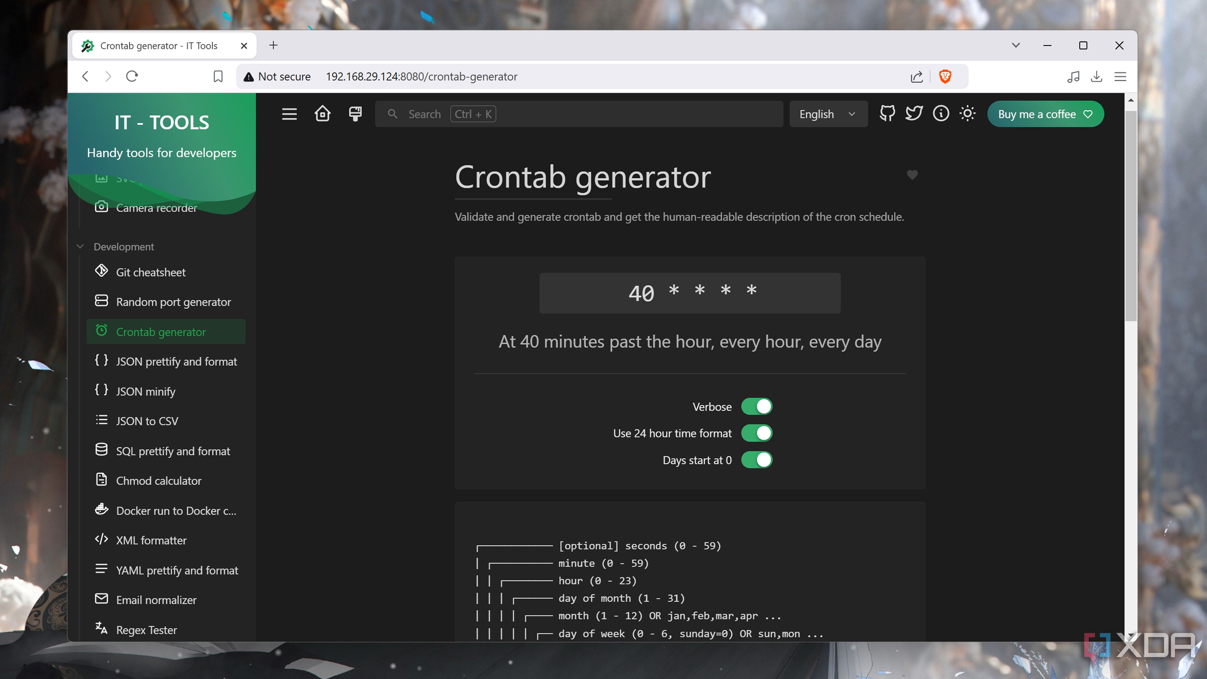 The Crontab generator in IT Tools