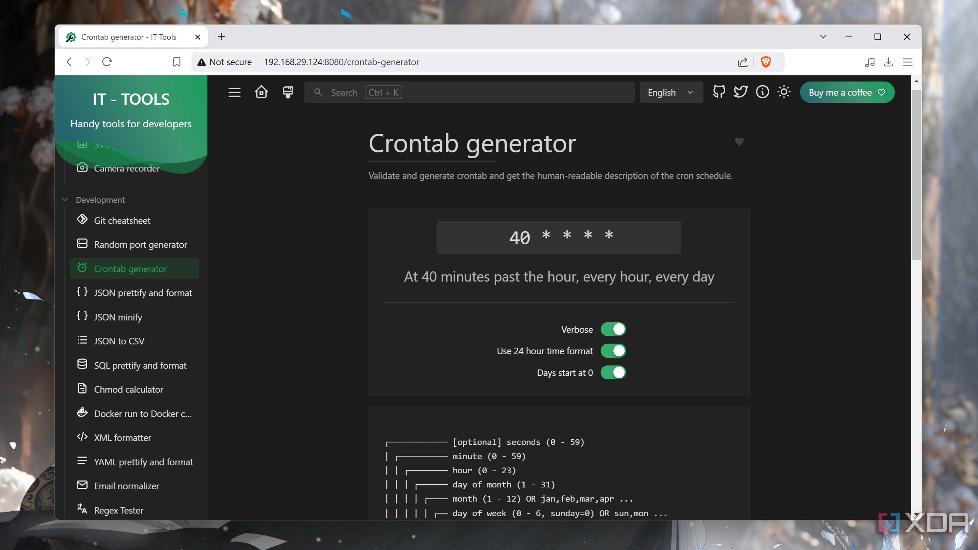 The Crontab generator in IT Tools