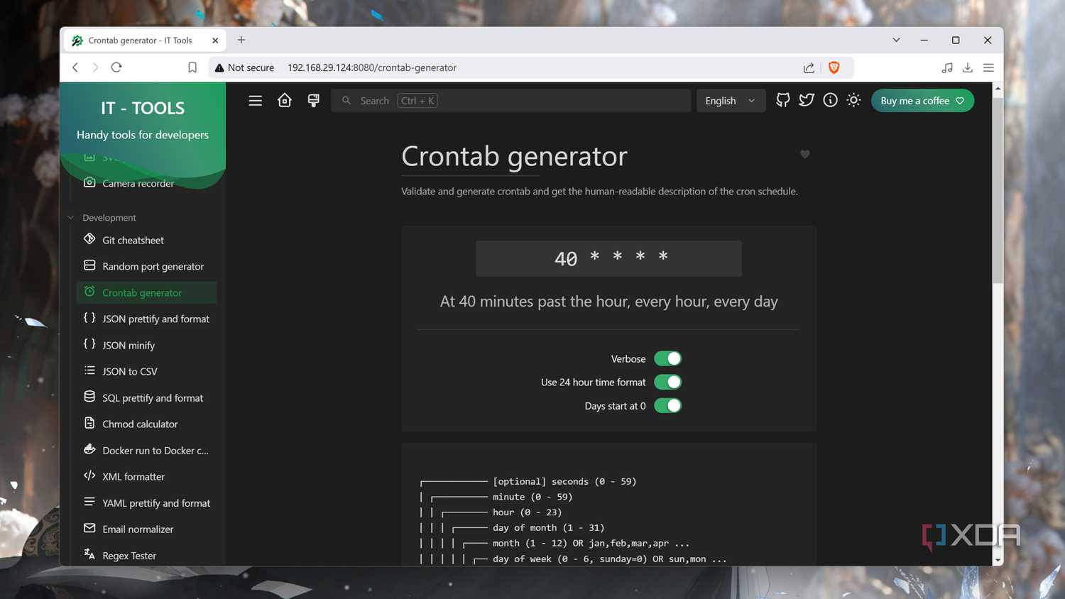 The Crontab generator in IT Tools